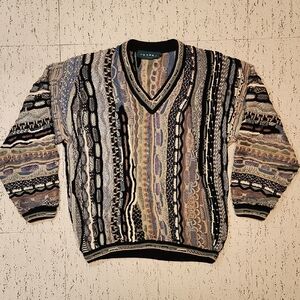 Tundra Coogi Style Textured Multi Color Knit Heavyweight V Neck Sweater Vintage